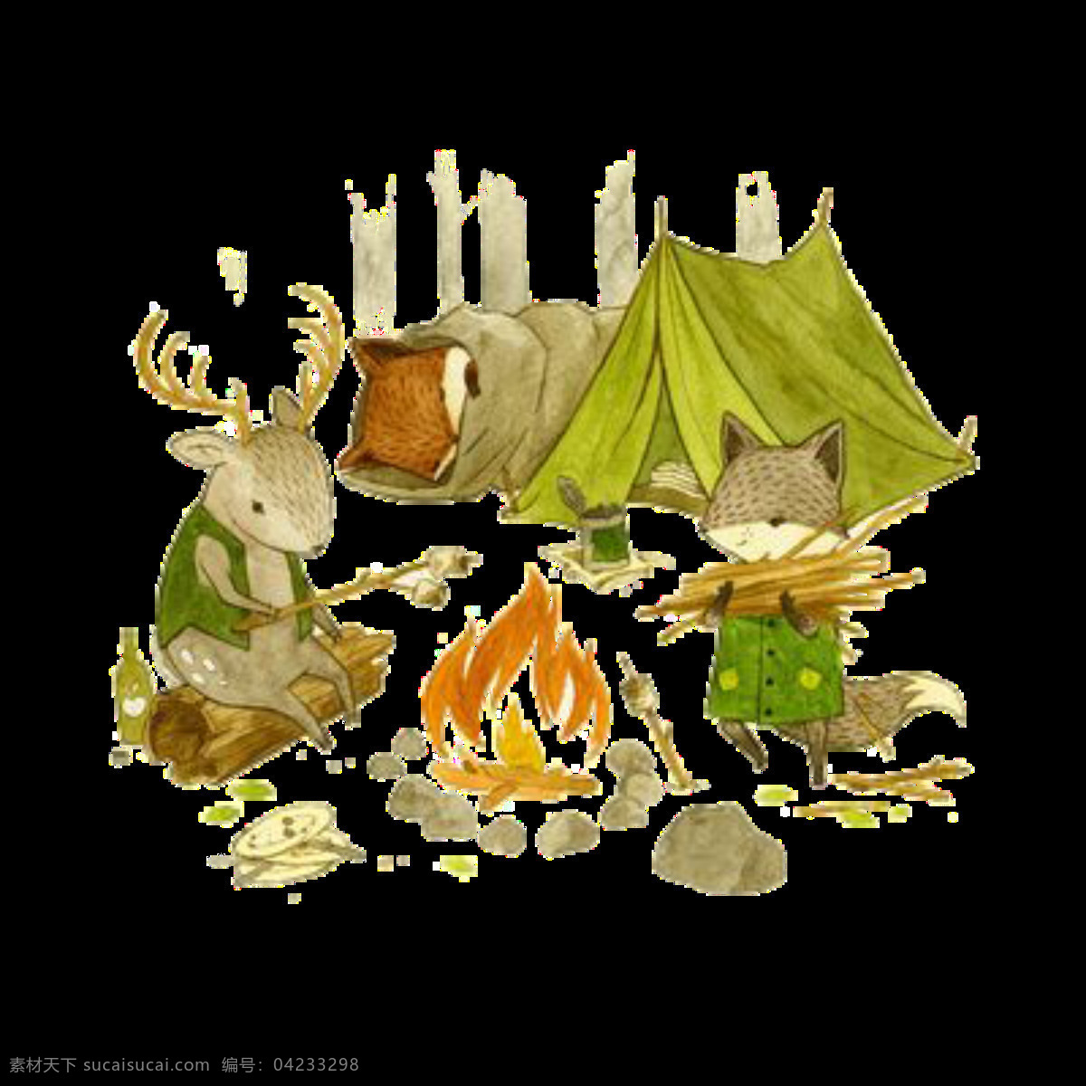 烤火 童话 动物 图案 彩绘素材 生火 手绘图 童话动物 透明素材 唯美装饰 装饰图片 装饰物