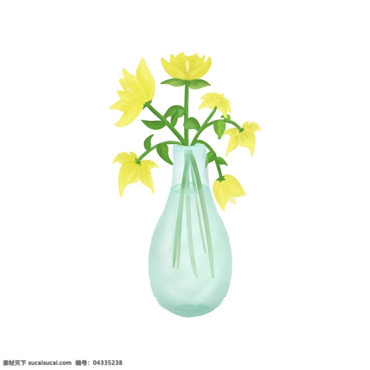黄色 花朵 花瓶 手绘 元素