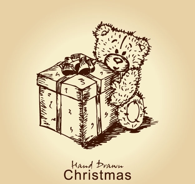 手绘 圣诞节 元素 素描 线稿 圣诞 小熊 礼物 礼盒 复古 怀旧 装饰元素 贺卡 卡片 矢量素材 矢量 节日素材
