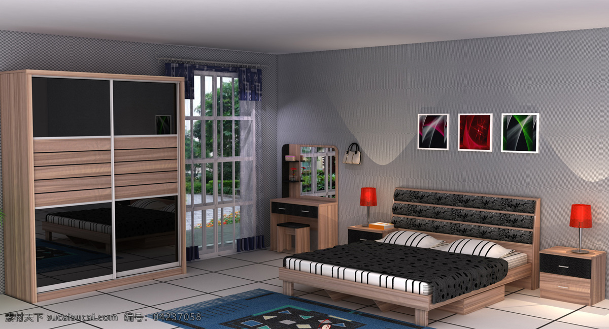 卧室 套房家具 系列 床 床头柜 推门衣柜 妆台 室内设计 环境设计