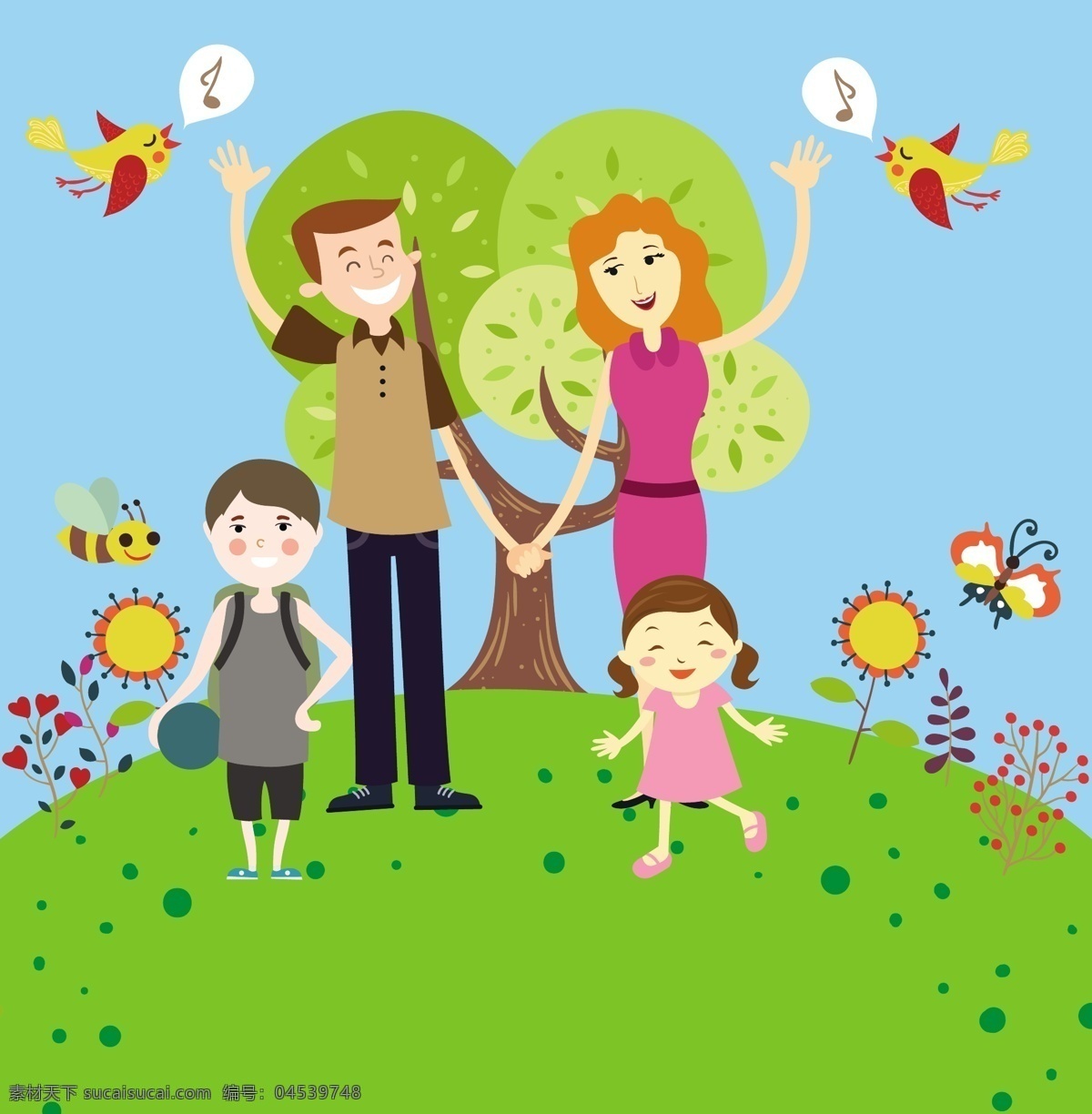幸福 家庭 矢量 插图 丰富多彩 的卡 通 风格 幸福家庭 户外 一家人 鸟 草地 矢量图 卡通画
