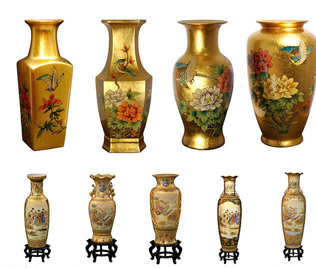 中国花瓶 金色花瓶 花鸟图案花瓶 金色陶瓷花瓶 花瓶素材 牡丹花瓶 古代人物花瓶 分层 源文件 白色