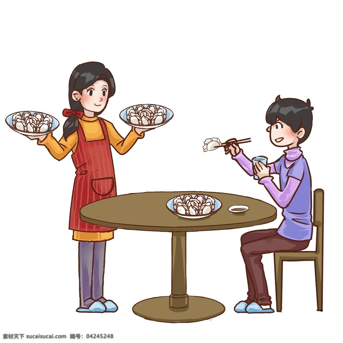 冬至 吃 饺子 年轻人 版本 中国传统节日 夫妻恩爱 节日快乐 卡通漫画 宣传画 中国传统食材