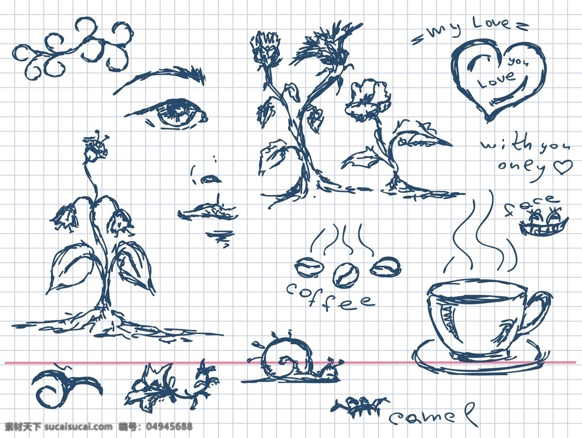 咖啡 艺术 元素 植物 鼻子 花卉 咖啡杯 咖啡豆 眉毛 模式 矢量食物 蜗牛 线 任意 眼睛 面部特征 手画 心 psd的 任意的 矢量图 日常生活