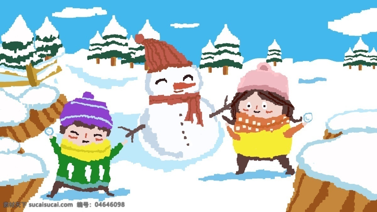 80s 复古 像素 冬季 户外 打雪仗 手绘 插画 小孩 雪地 雪人 冬天 卡通