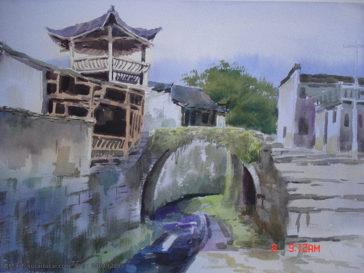 徽 韵 屏山 拱桥 风景 水彩画 古风 画 建筑 桥 水彩 徽韵 文化艺术