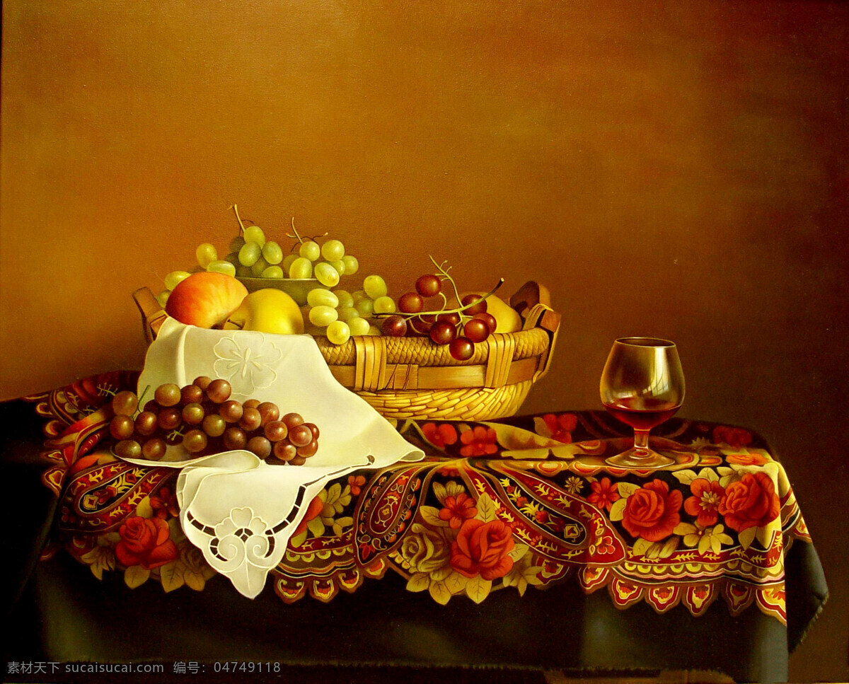 静物画 美术 画 油画 现代油画 色彩画 水果 葡萄 苹果 酒杯 水果篮 桌子 花台布 油画艺术 油画作品2 绘画书法 文化艺术