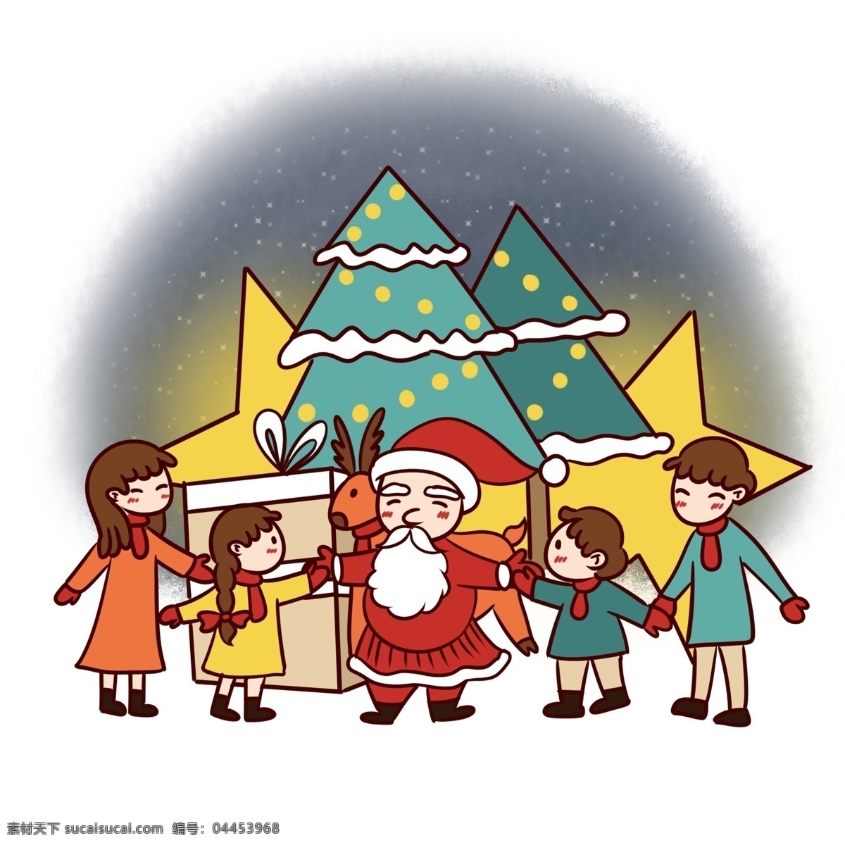 手绘 卡通 可爱 圣诞节 圣诞老人 一家人 矢量 免抠 圣诞快乐 圣诞夜 星空 圣诞树 一家四口 星星 快乐