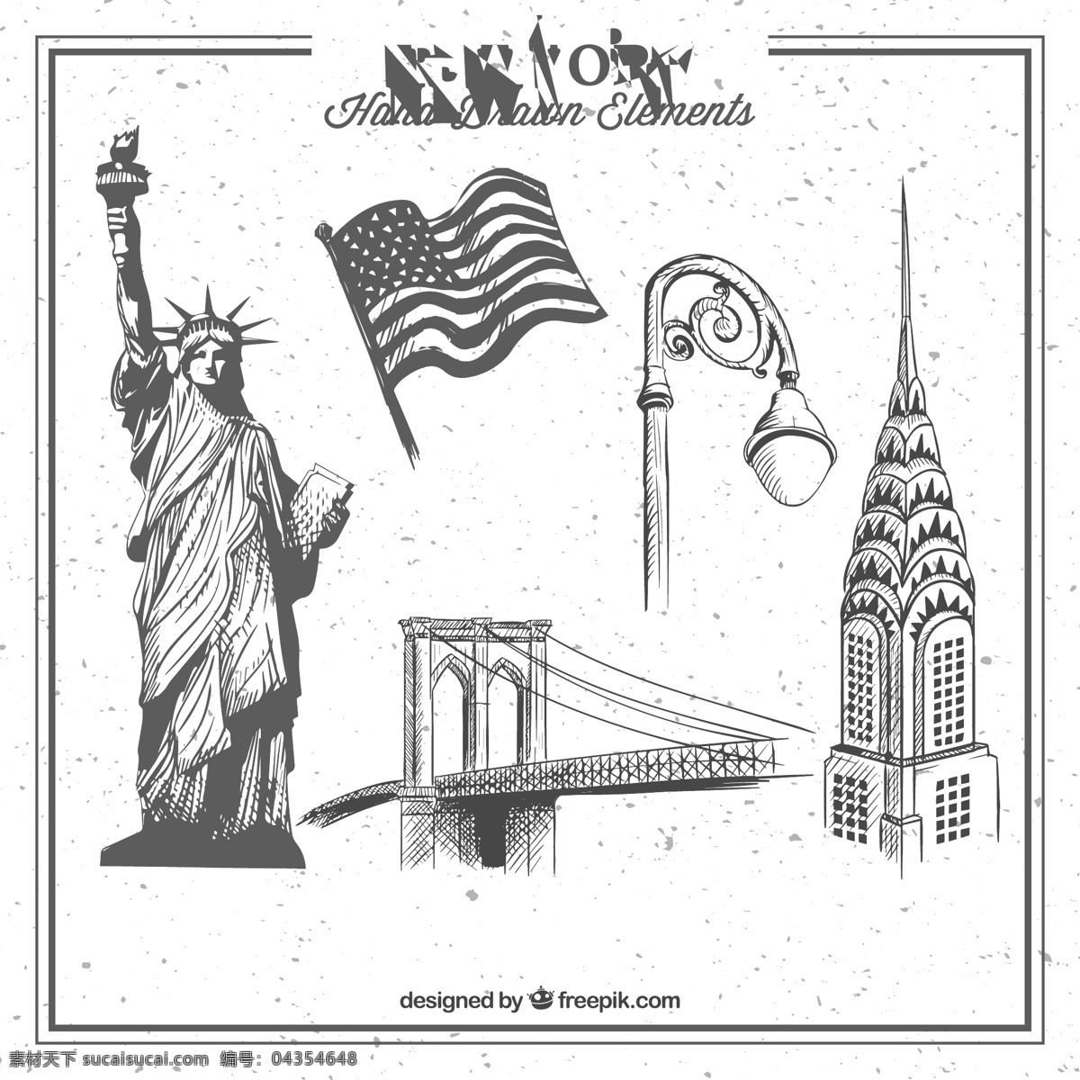 纽约 手绘 元素 收藏 手 建筑 标志 手画 灯 新 街 桥 美国 自由女神像 画 美国国旗 设置 自由 路灯 雕像 白色