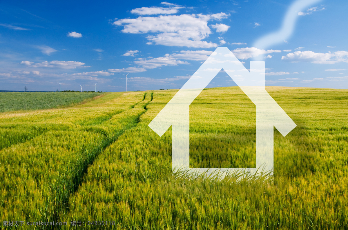 房子模型 自然 环保 麦田 小麦 麦穗 蓝天 白云 房地产广告 绿色房子 安居
