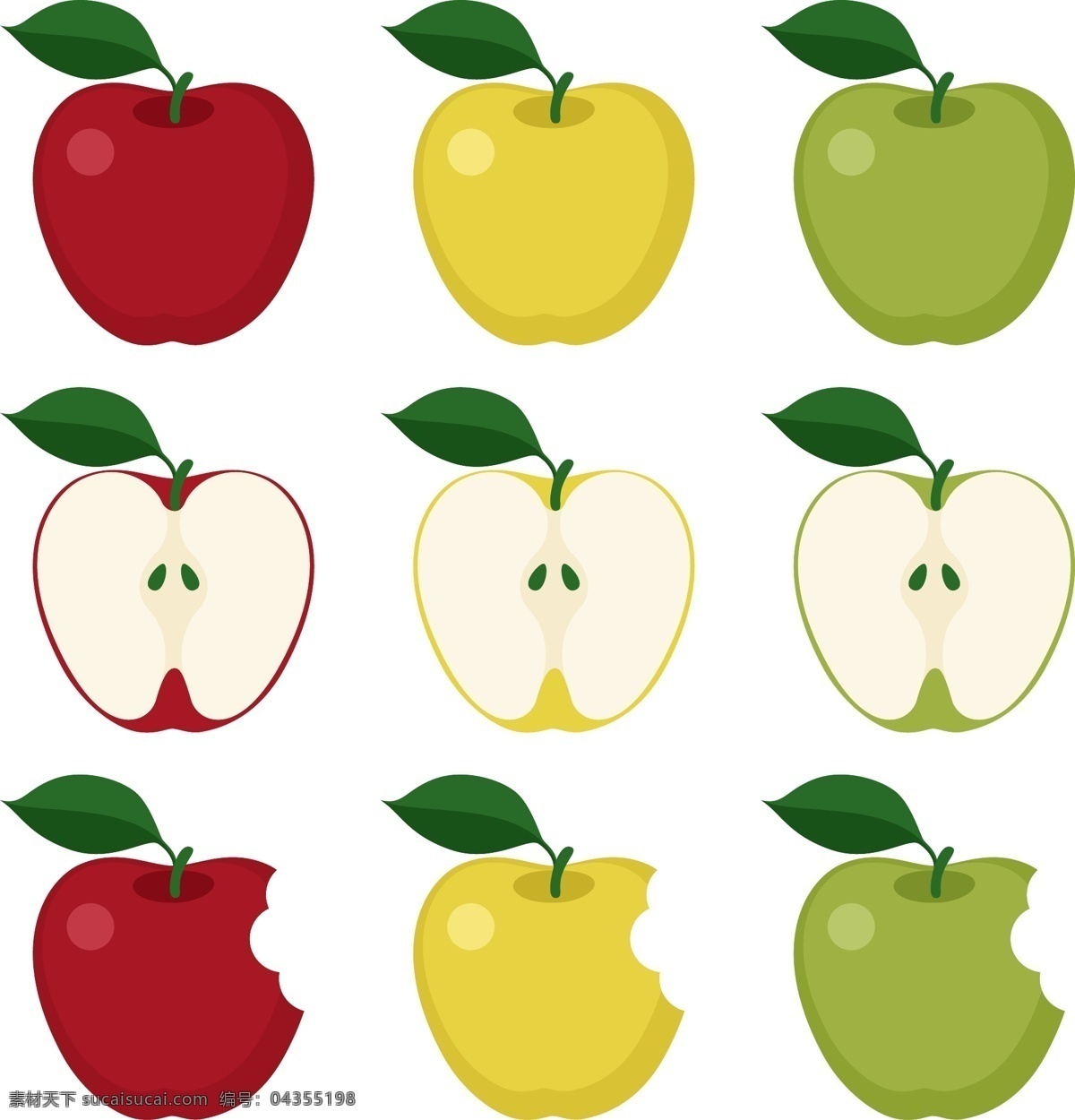简约 卡通 平安夜 平安 果 平安果 苹果 红苹果 黄苹果 绿苹果 切开的苹果 半个苹果 绿叶苹果 咬一口苹果
