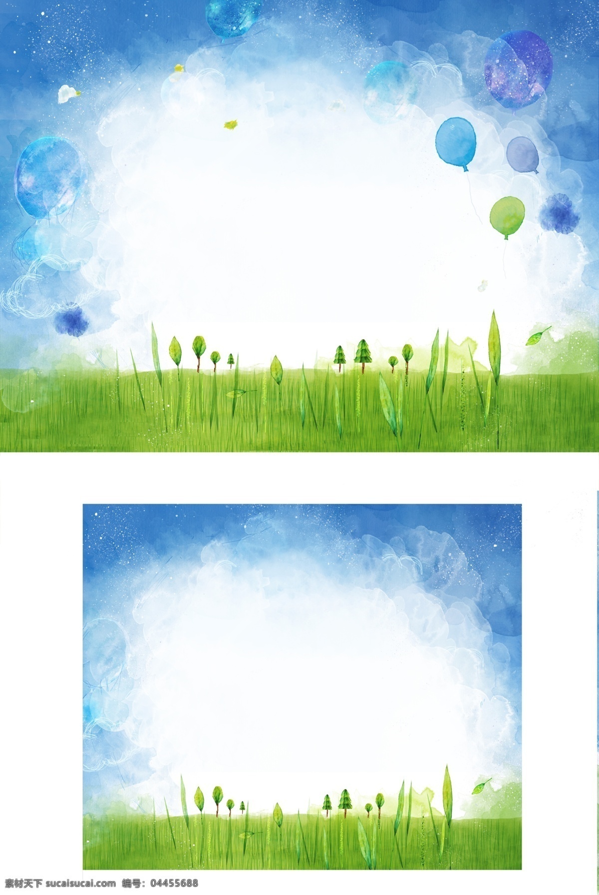 水彩 风景图片 分层 草地 蓝天 气球 水彩风景图片 白色雾气 小野花 小松树 psd源文件