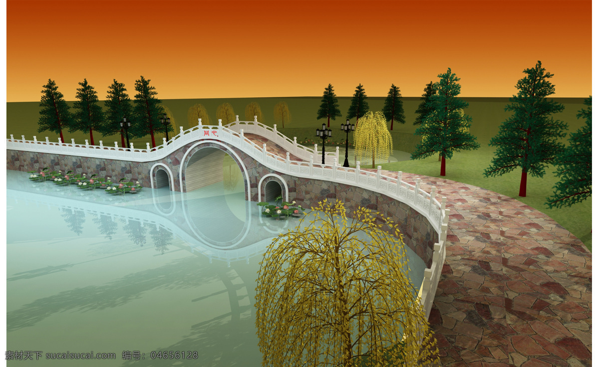 生态园 拱桥 效果图 3d 红色 花园 环境设计 建筑 景观 景观设计 庭院 外立面 透视图 室外 装饰素材 园林景观设计