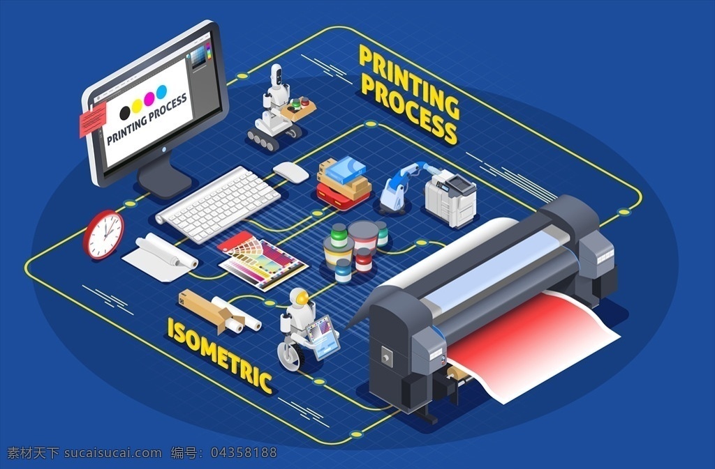 彩色印刷 主题 概念 插画 等距 彩色 印刷 打印 打印机 墨水 电脑 制图 印刷行业 插图 创意 动漫动画