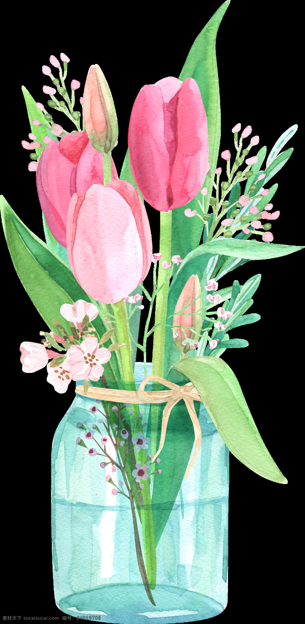 透明花瓶素材 透明 水彩 手绘 鲜花 叶子 绿色 粉色 花瓶 矢量素材 设计素材