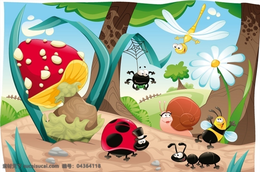 森林 昆虫 插画 蘑菇 蜻蜓 蜜蜂 蚂蚁 瓢虫 矢量 高清图片