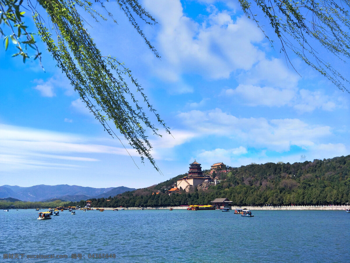 北京颐和园 颐和园 北京 园林 皇家园林 蓝天 天空 白云 昆明湖 湖水 万寿山 垂柳 佛香阁 风景图 自然景观 自然风景