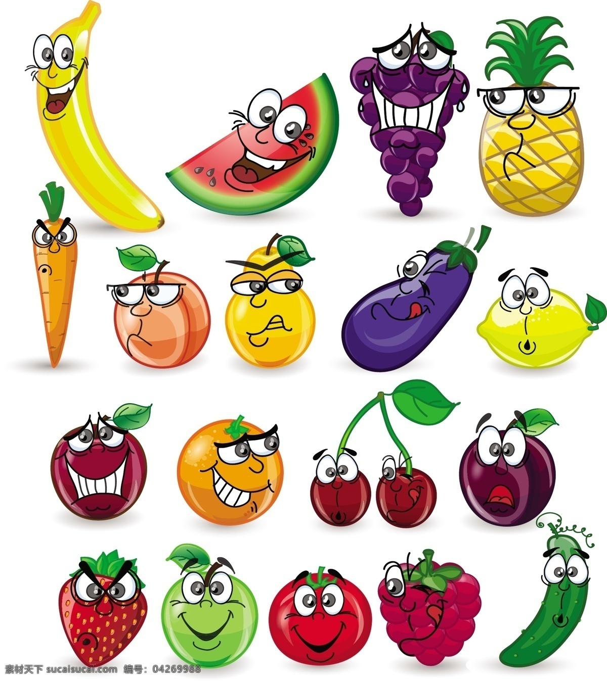 卡通水果插画 卡通水果 卡通漫画 卡通食物 卡通表情 香蕉 樱桃 西瓜 柠檬 葡萄 草莓 苹果 蔬菜水果 生物世界 矢量素材