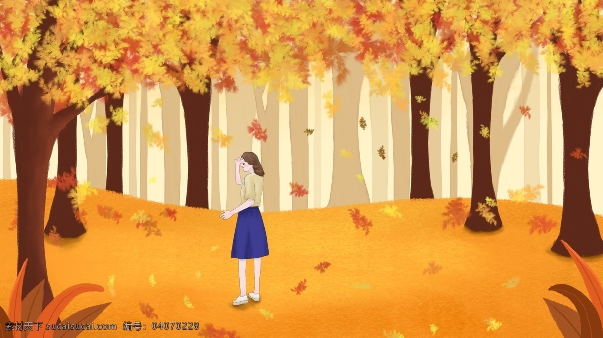 唯美 女孩 秋天 树林 散步 节气 黄色 落叶 美好 立秋 秋分