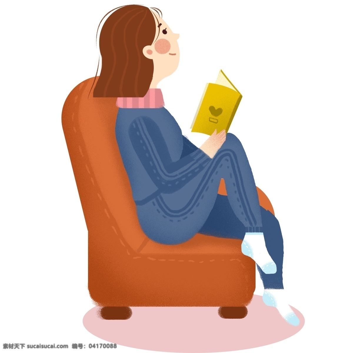 温馨 坐在 沙发 上 看书 女孩 商用 元素 冬季 人物 读书 手绘 少女 阅读