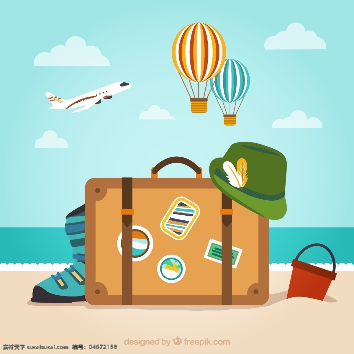 度假 旅行箱 插画 飞机 客机 沙滩 夏季 热气球 矢量 高清图片
