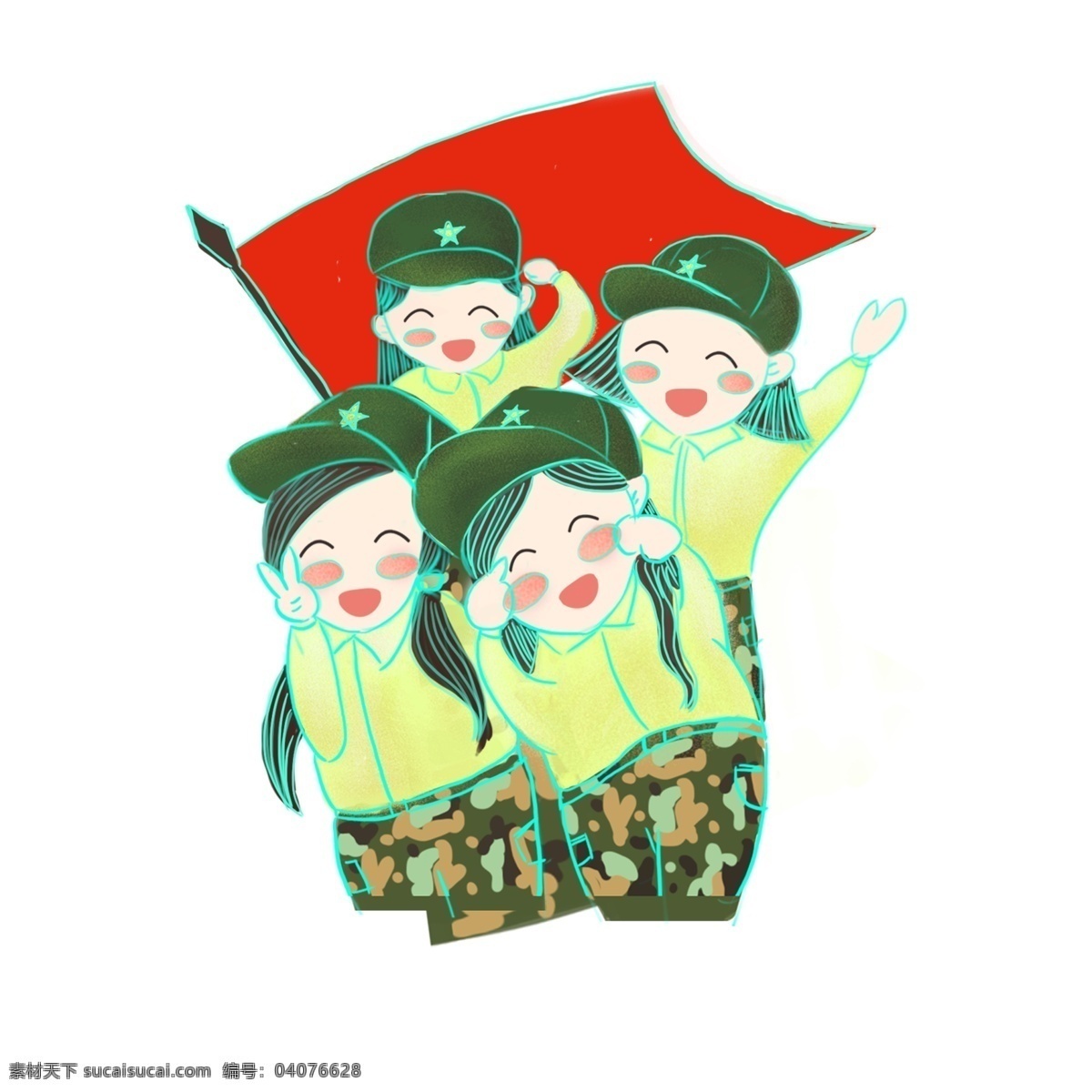 穿 绿色 迷彩服 可爱 小女 服 红旗 卡通 元素 国旗 建军节 节日 小女孩 七一 开心