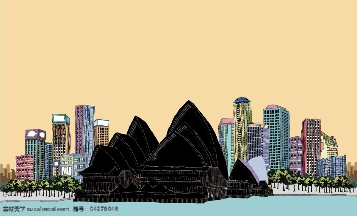 手绘 线条 澳大利亚 建筑物 卡通