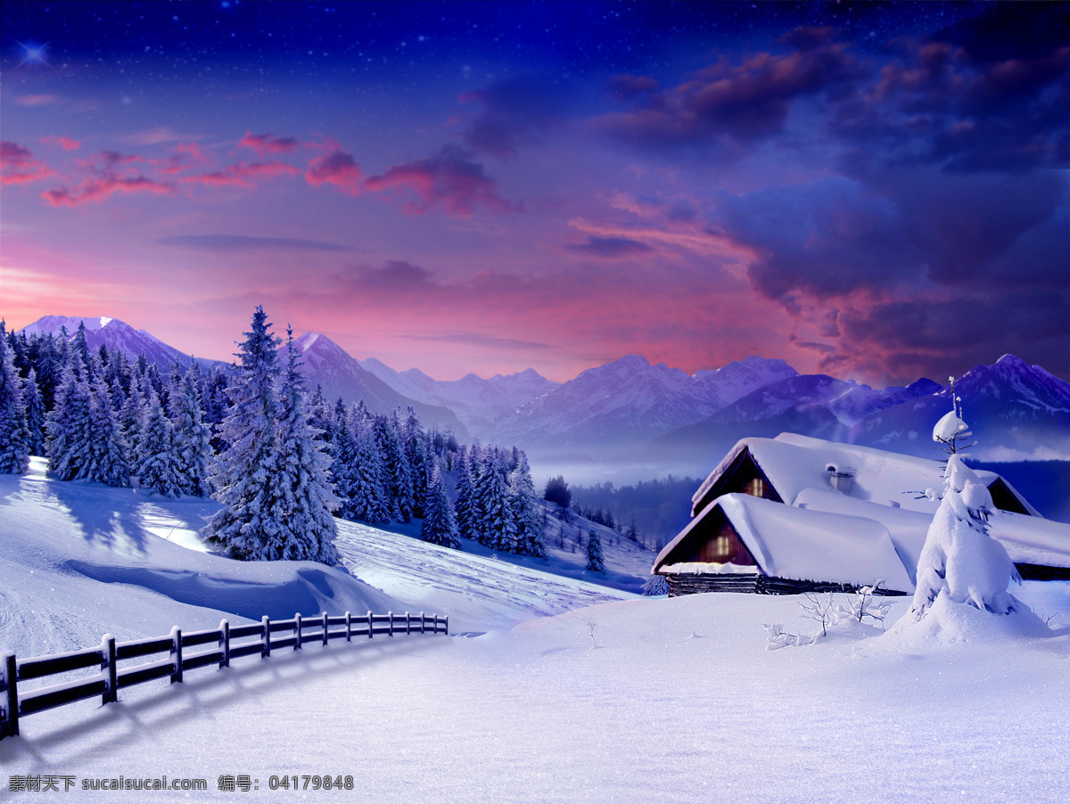 美丽 雪景 美丽的雪景 美丽的天空 树木 雪地 自然景色 小木屋 风景 雪景图片 风景图片
