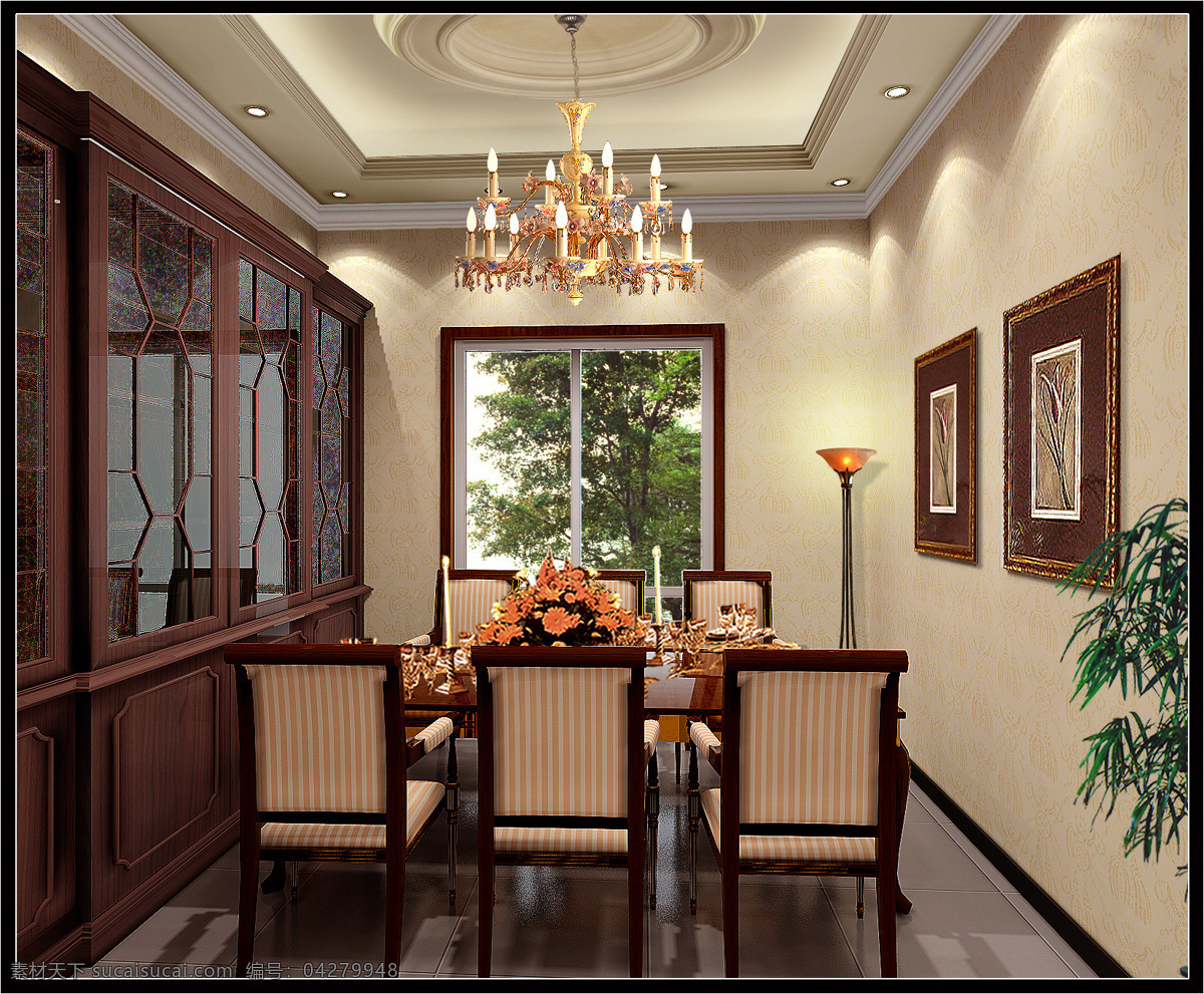 餐厅 餐桌 橱柜 窗户 吊灯 环境设计 墙画 椅子 中国式风格 室内设计 家居装饰素材