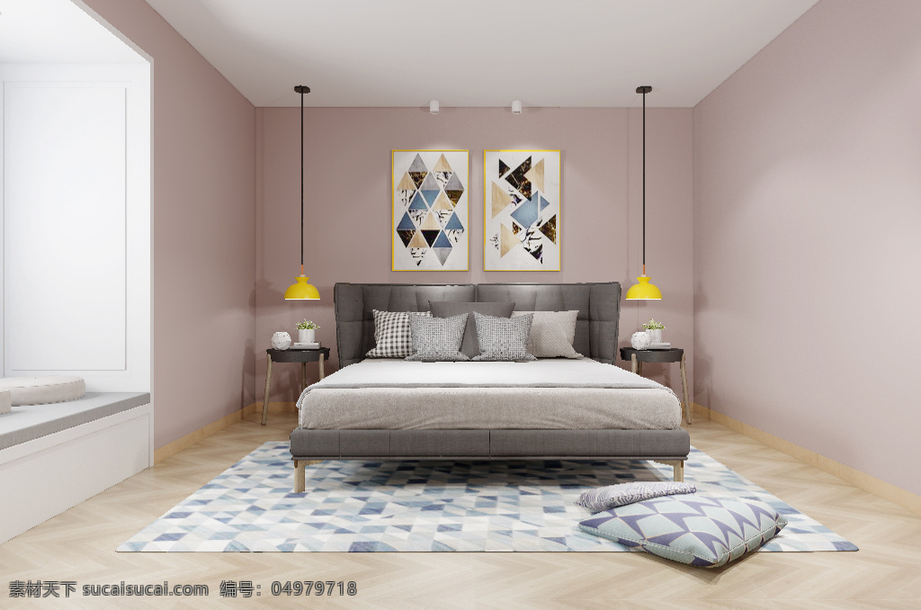 现代 简约 卧室 效果图 时尚 3d 粉色 床品 地毯 飘窗