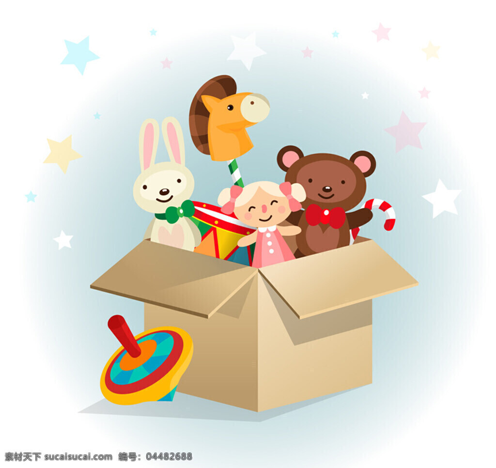 纸箱 里 可爱 玩具 木马 兔子 洋娃娃 玩偶熊 陀螺 星星 拐棍糖 节日 鼓 矢量图 环保纸箱 设计素材 白色