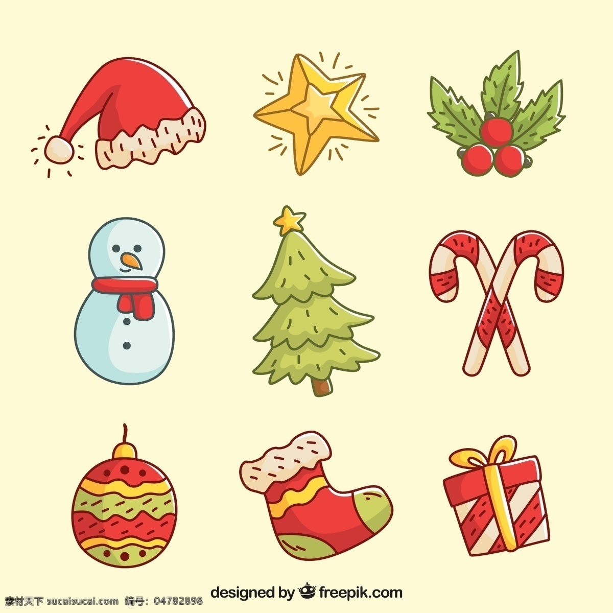 彩绘 圣诞节 装饰品 元素 矢量图 圣诞树 雪人 礼物 树叶 袜子 圣诞帽