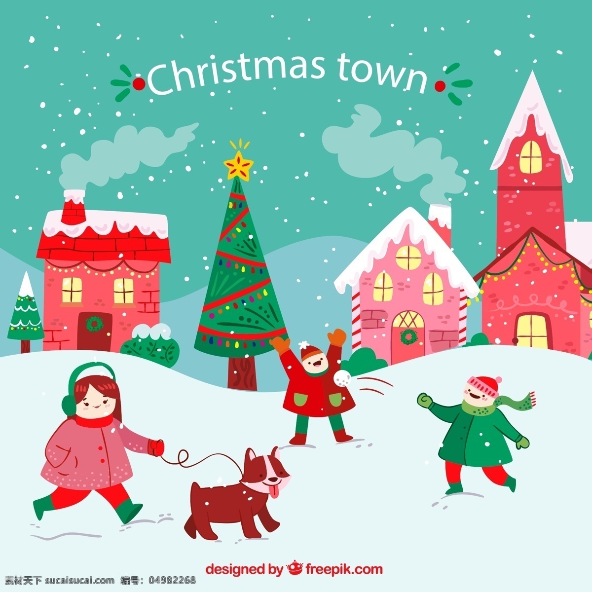 圣诞 小城 人物图片 雪人 房屋 女孩 圣诞树 打雪仗 源文件 矢量 高清图片