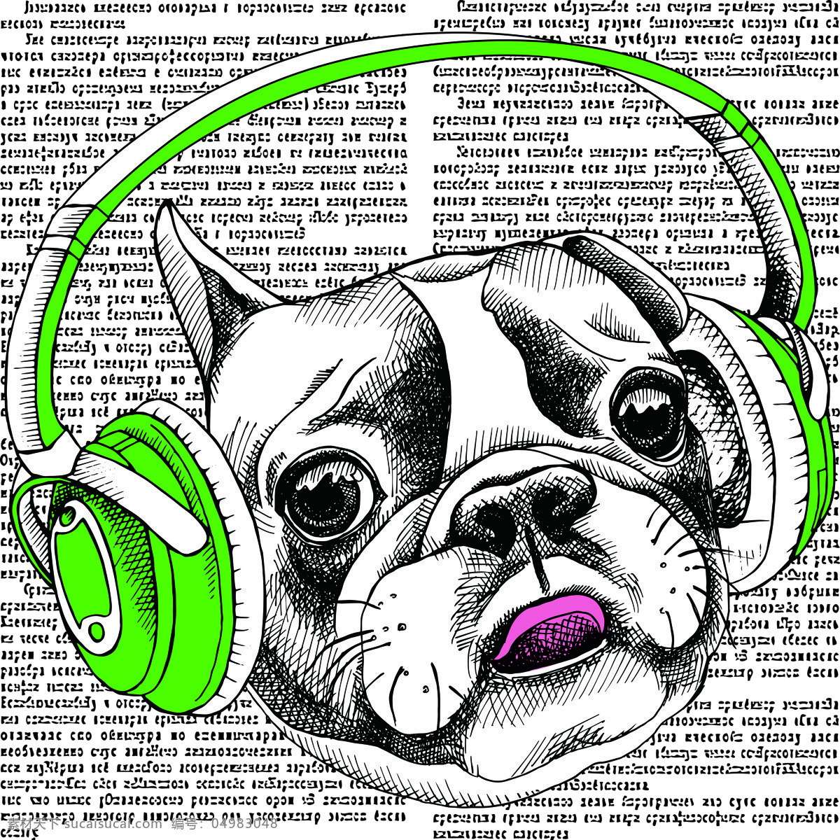戴耳机的狗 耳机 狗 报纸 背景 舌头 报纸素材 环境设计 无框画