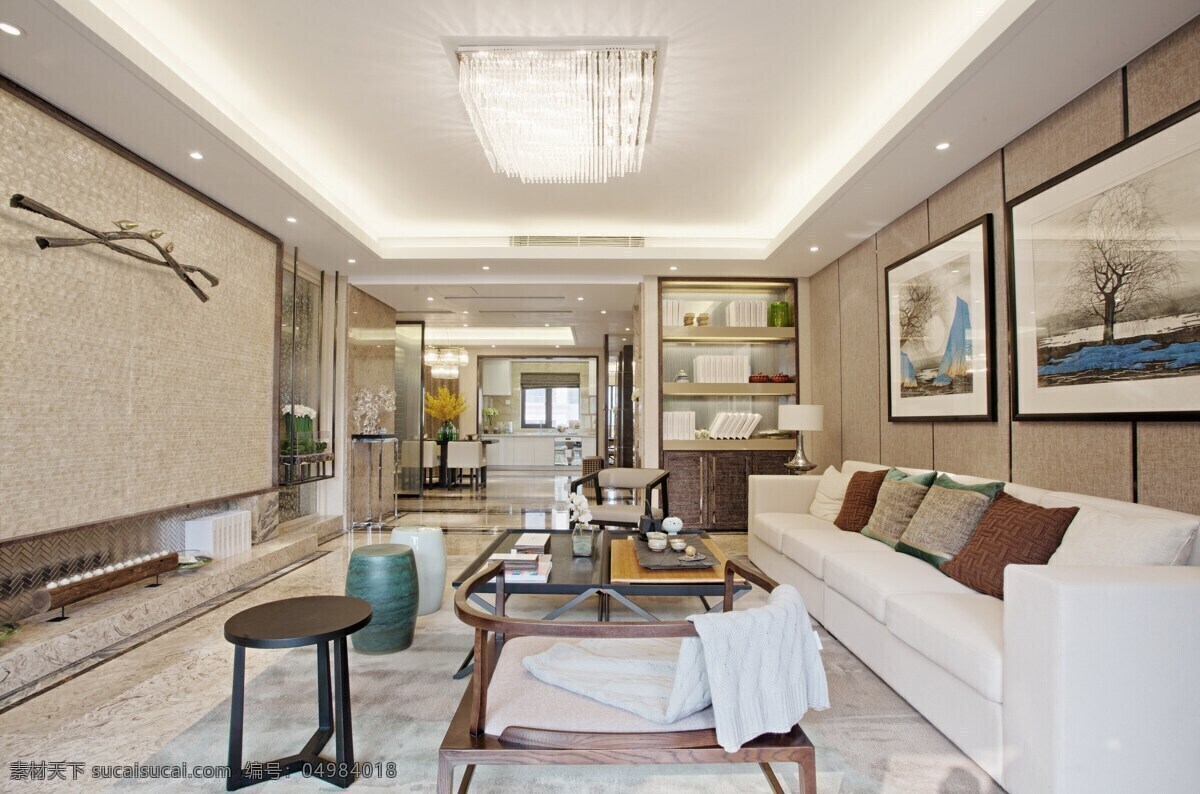 现代 时尚 客厅 宝蓝色 凳子 室内装修 效果图 大理石地板 客厅装修 白色水晶灯 白色沙发