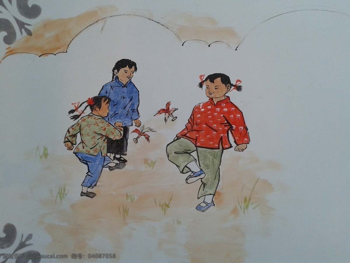 中国传统游戏 踢毽子绘画 踢毽子 校园文化 画册 文化艺术 传统文化