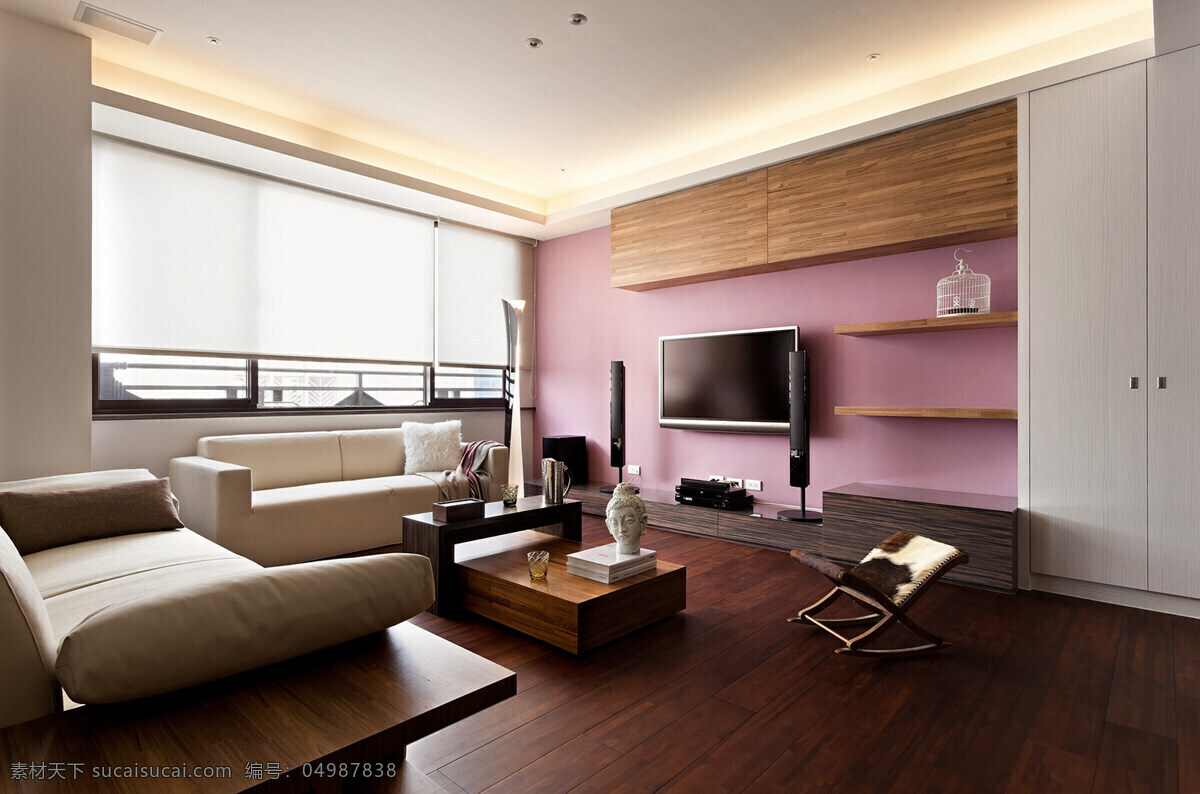 日式 温婉 木地板 客厅 室内装修 效果图 客厅装修 粉色背景墙 木制茶几