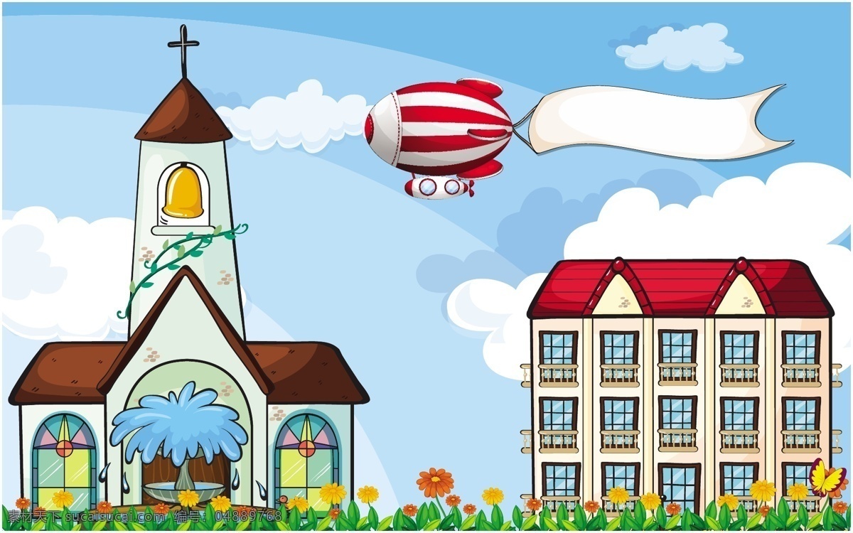 卡通热气球 风景 绿地 天空 飞行 气球 景观 卡通 房屋 卡通设计