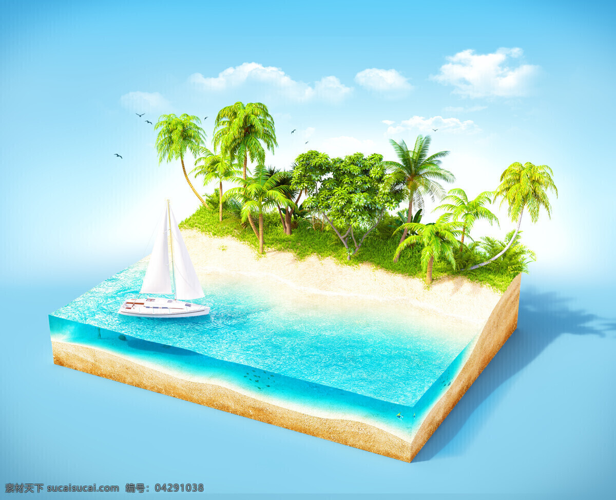 精美 立体 小岛 景色 高清 3d立体 帆船 椰子树 岛屿 创意广告 风景 夏季主题 茅草屋 度假 大海 海水 海浪 蓝天 白云 鸟 树 浪花 青色 天蓝色