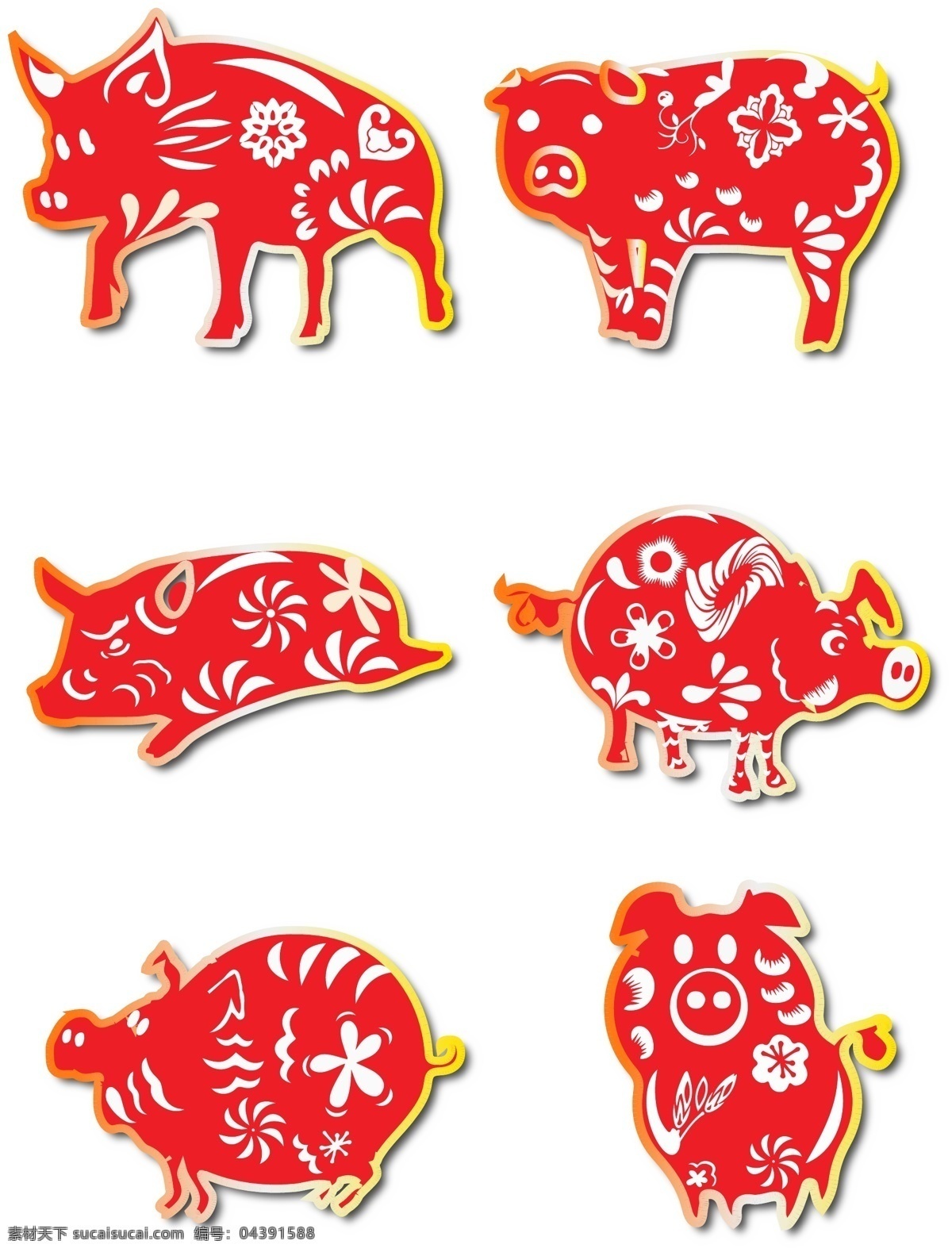 红色 金色 猪 剪纸 春节 ai素材