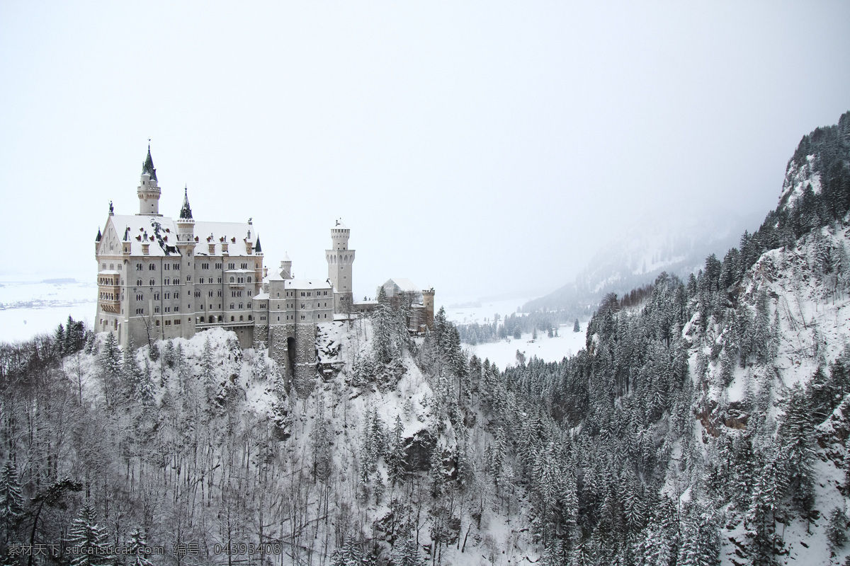 白雪城堡 森林 天空 白云 树木 绿色 白雪 白色 城堡 建筑 自然景观 建筑景观