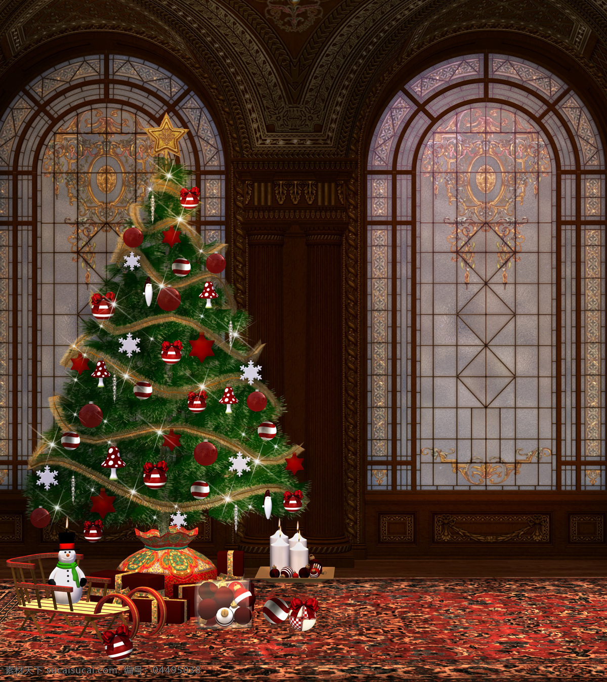 大厅 地毯 上 圣诞树 复古 圣诞礼物 圣诞节 节日庆典 生活百科