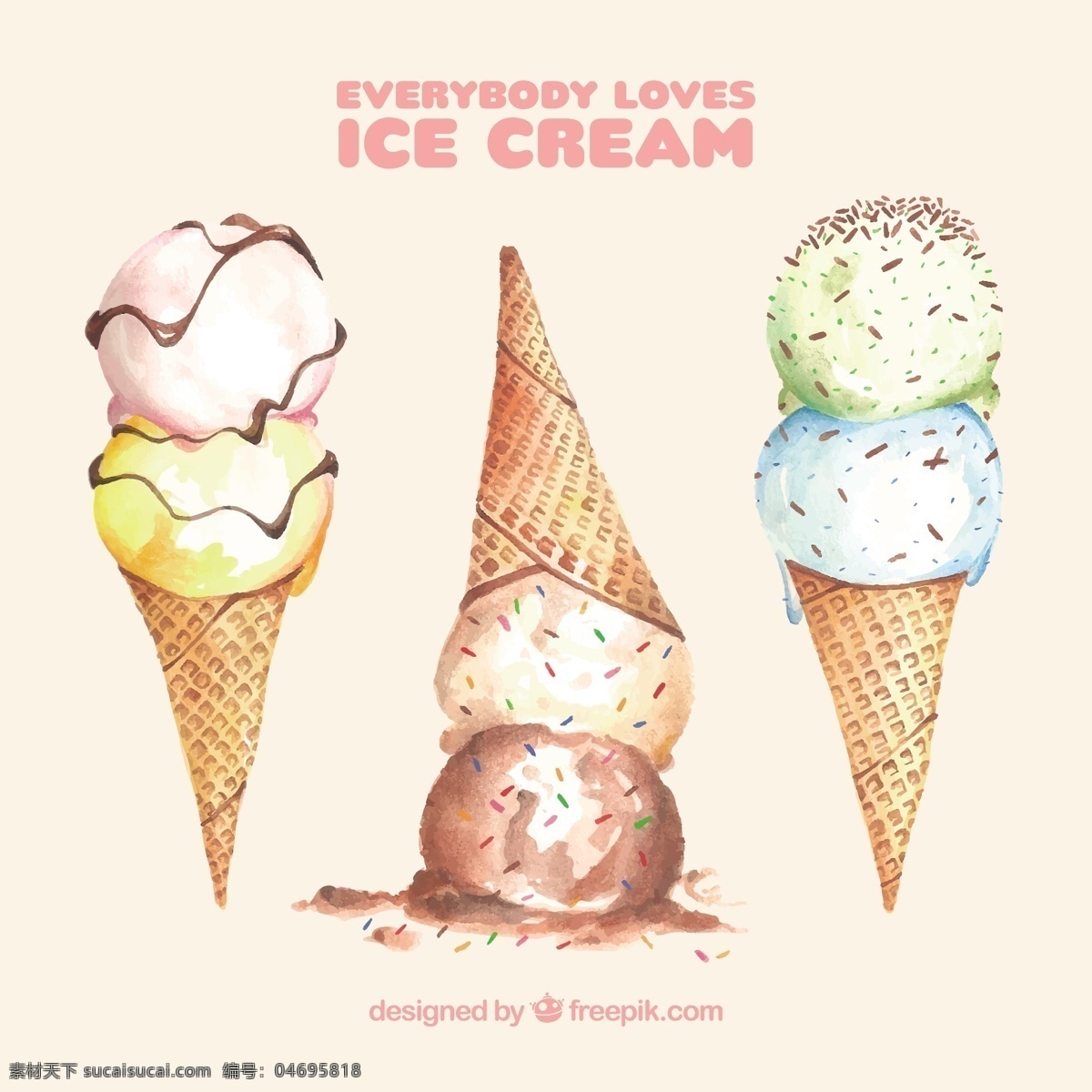 冰淇淋 水彩 风格 多样 水彩画 食物 夏天 颜色 冰 甜 甜点 奶油 吃 季节 锥 美味 味道 有色 夏季 品种 冷却 季节性