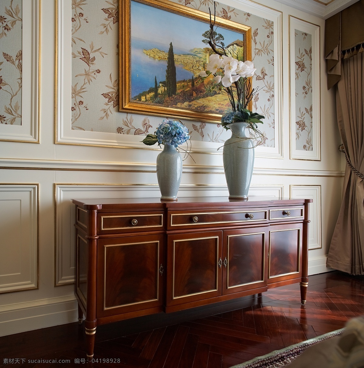 美式 典雅 客厅 红木 柜子 装修 效果图 照片墙 风景 照片 装饰画