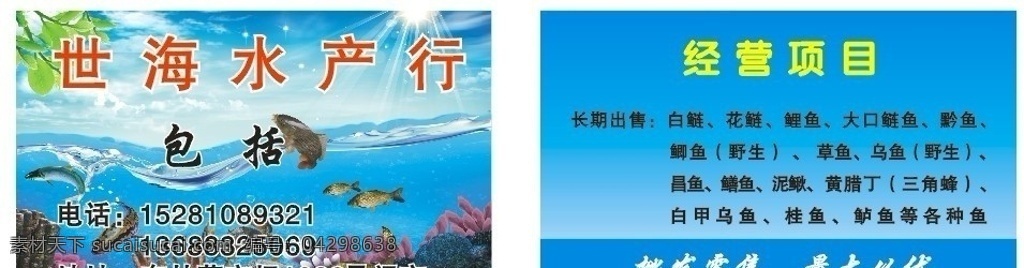 水产名片 水产 大海 鱼 河鲜 海鲜 蓝天 名片 高档名片模版 水 ps 分层 转 名片卡片 矢量