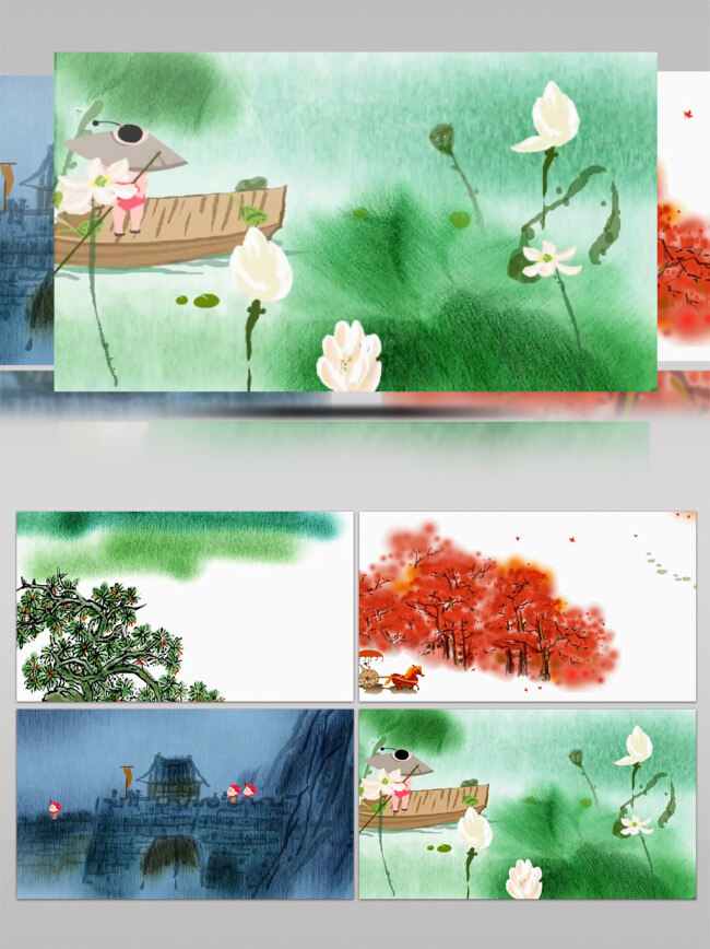 中国 风 水墨 卡通 小孩 读 唐诗 儿歌 背景 中国风 古建筑 背景素材 采莲