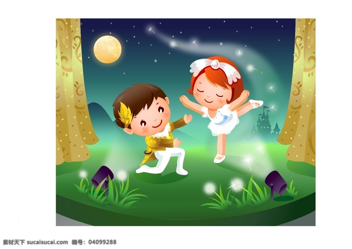 舞蹈 主题 卡通 儿童 插画 芭蕾舞 孩子 梦幻背景 矢量人物 树林 跳舞 烟火 矢量图
