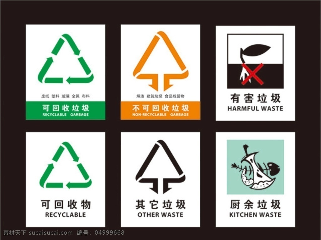 垃圾图标 垃圾分类 标识 图标 标牌 标识牌 可回收垃圾 不可回收垃圾 可回收物 其他垃圾 有害垃圾 厨余垃圾 垃圾标识
