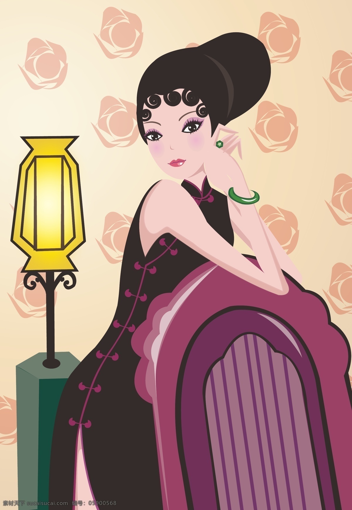 中国风 旗袍美女 古典 发髻 翡翠 手镯 妇女女性 矢量人物