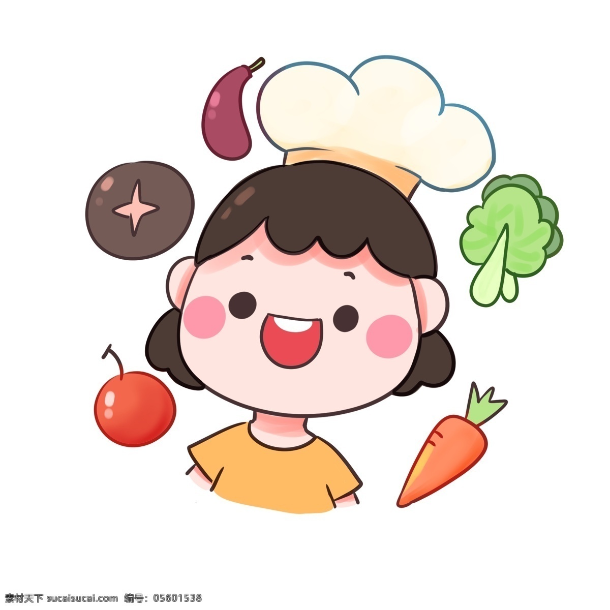 开心 快乐 小 厨师 手绘 元素 蔬菜 卡通 可爱 女生 萝卜 茄子 白菜 香菇